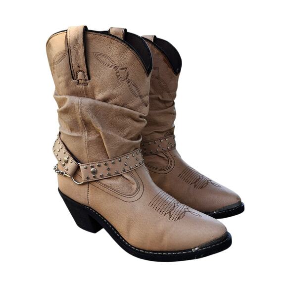 Shyanne Slouchy Leather Harness Studded Western Boots 9 - Picture 1 of 9